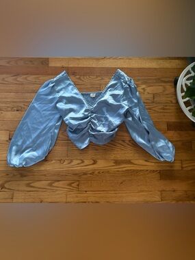 Satin Ruched V-Neck Crop Top in Light Blue